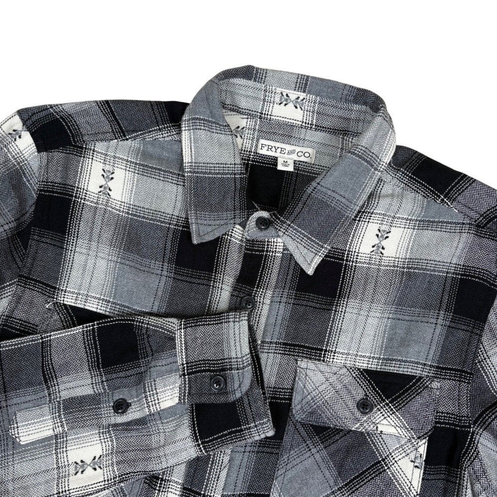 Frye & Co Mens M Plaid Black White Gray Button Down Shirt‎ Long Sleeve